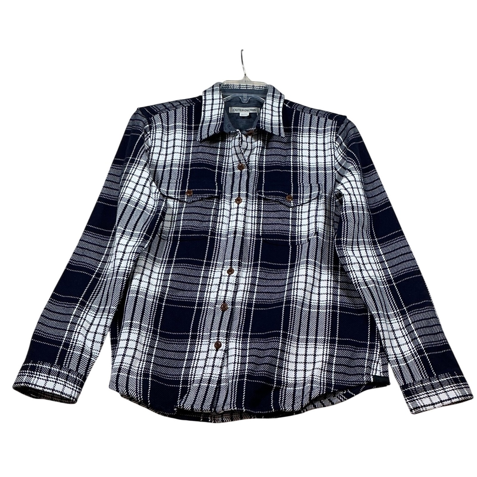 Outerknown Blanket Shirt Mens Medium Navy White Plaid Organic Cotton Flannel